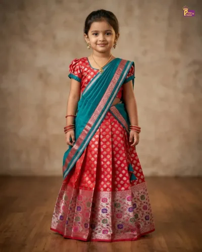 KIds Half Saree or Dhavani for Little Princess in Red with Green HF027